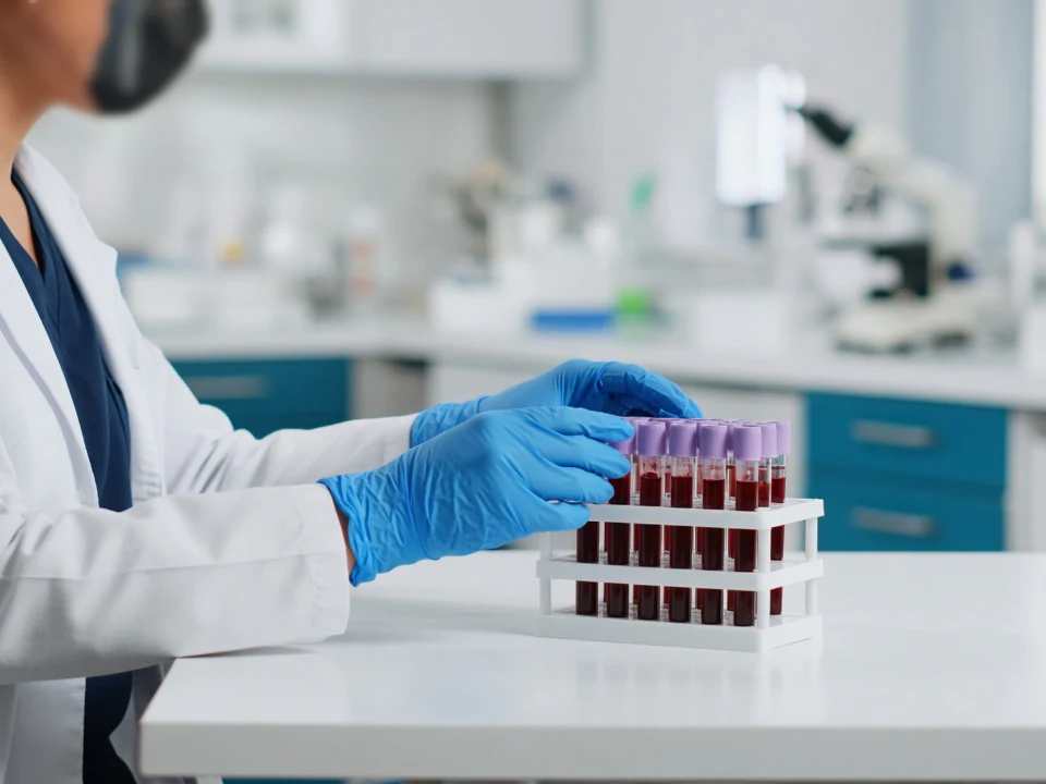 A laboratory technician in a lab coat and gloves arranging sample tubes in a rack, seen from the side.